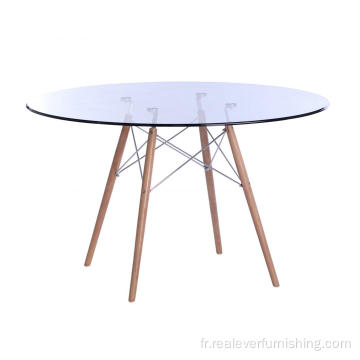 Table à manger ronde en verre avec base en bois